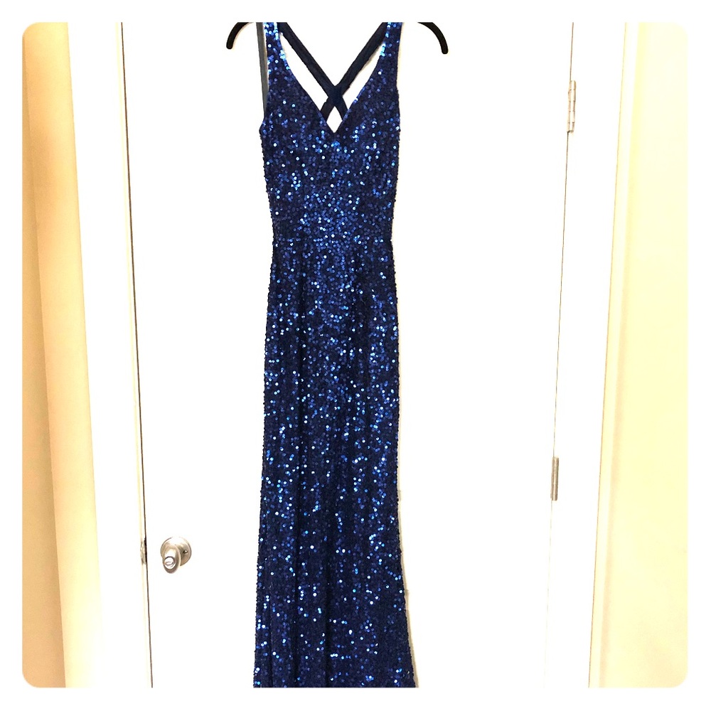 Sparkly blue formal dress with criss cross back